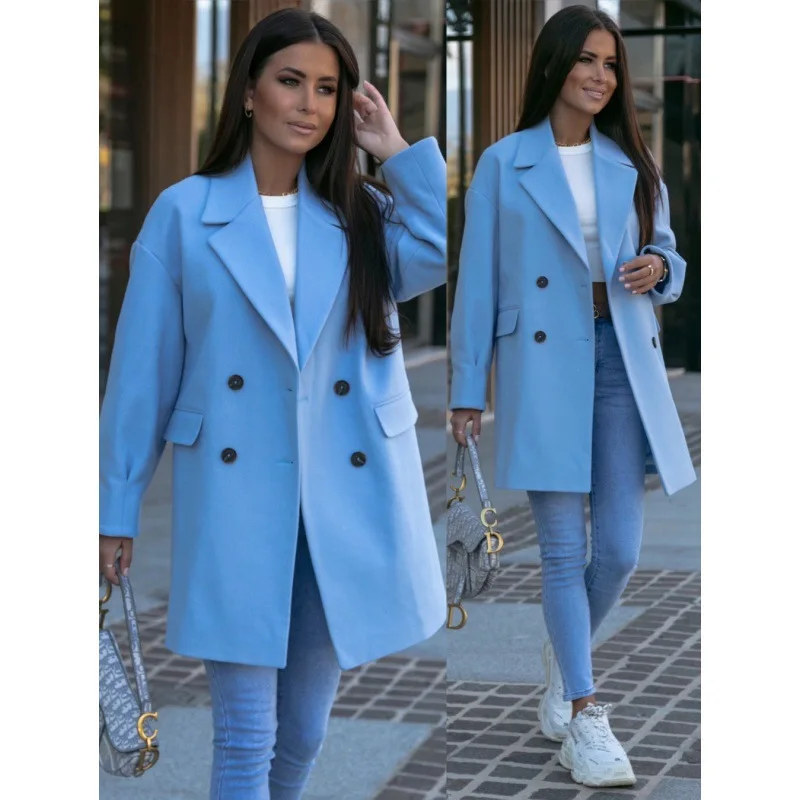 

Autumn Winter Long Sve Suit Collar Double Button Quilted Coat Large Coat Women's Woolen Outerwear Commute Casual Polyester...