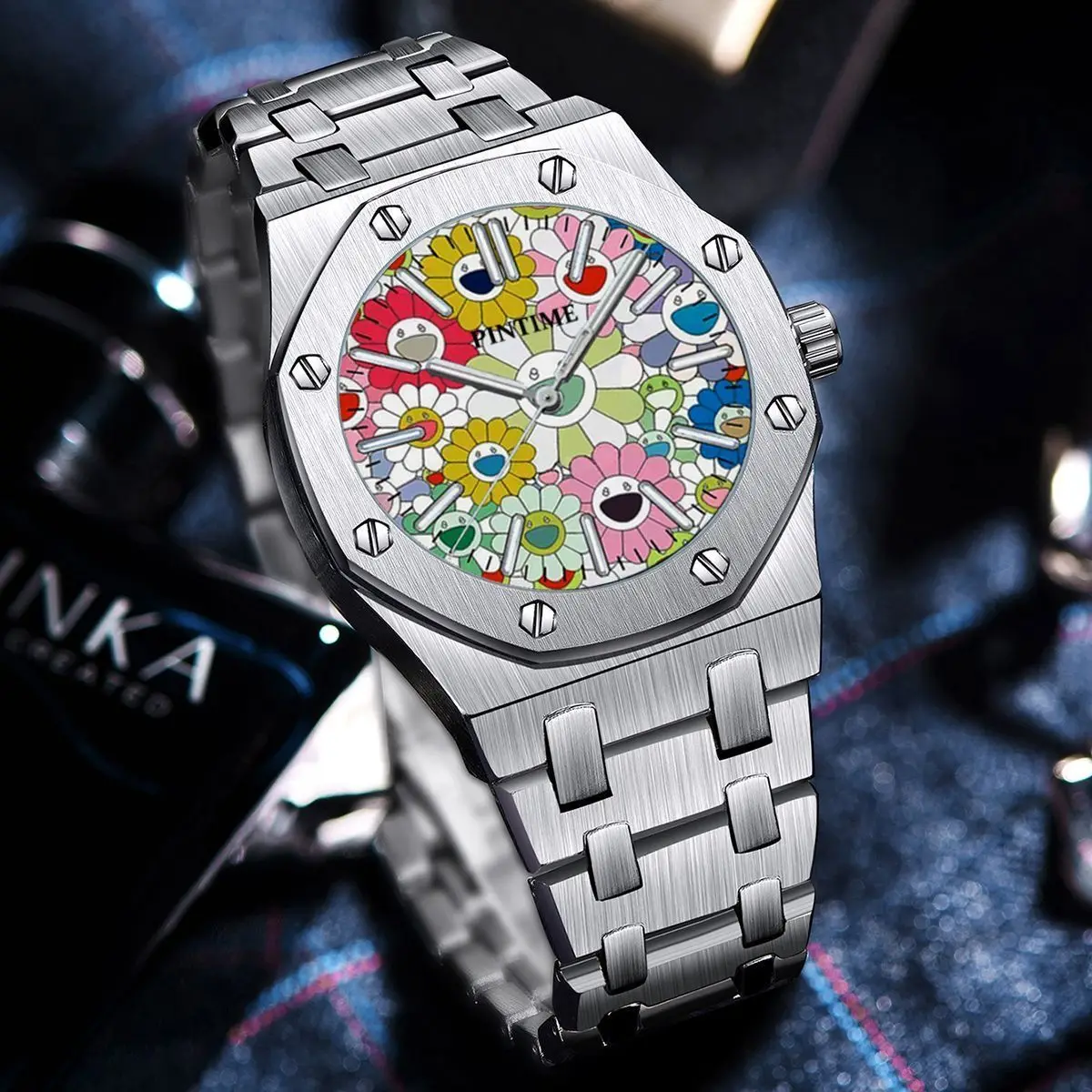 

High Street Style Sunflower Graffiti Men's Quartz Watch, Stainless Steel Waterproof Wristwatch, Octagonal Trendy Design, Suitable for Daily Wear and Street Outings, Waterproof and Sweat-Resistant, Hot-Selling Men's Watch, a Trendy Gift for Your Boyfriend 