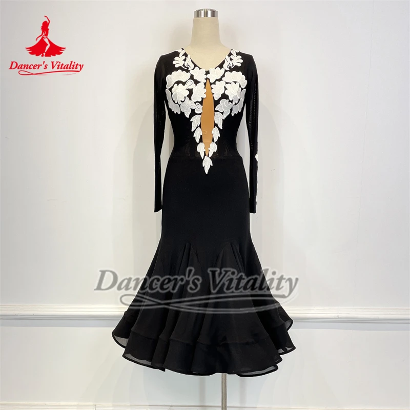 فستان نسائي من Foxtrot Waltz Tango للتدريب على الأداء والممارسة ملابس مخصصة لحيوية الراقصة باللون الأسود للرقص الاجتماعي ملفوفة على الورك
