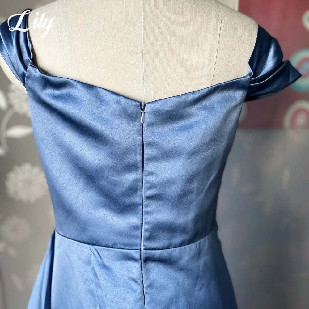 Vestido de fiesta Sexy Lily azul y gris con hombros descubiertos, vestido de noche de satén con cuentas para mujer, vestido de fiesta de noche sin