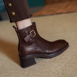 Women Ankle Boots Autumn Spring British Shoes Cowhide Ladies Buckle Shoes On Thick Heel Retro Botas Round Toe Side Zippers