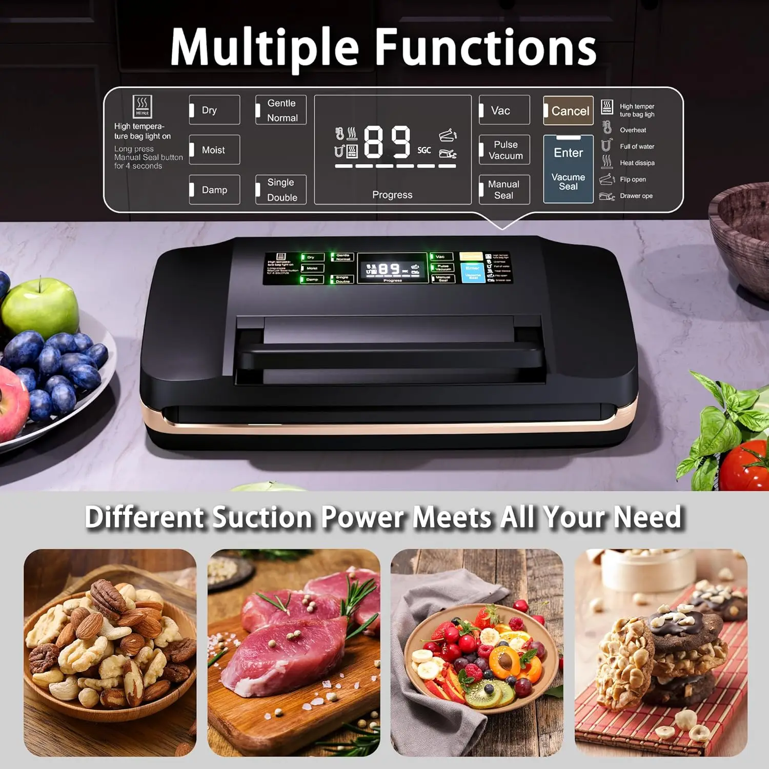 95kpa Commercial Vacuum Sealer Machine,Full Automatic Food Sealer, With 10-in-1 Functions,Easy-Lock Handle, Double Heat Seal