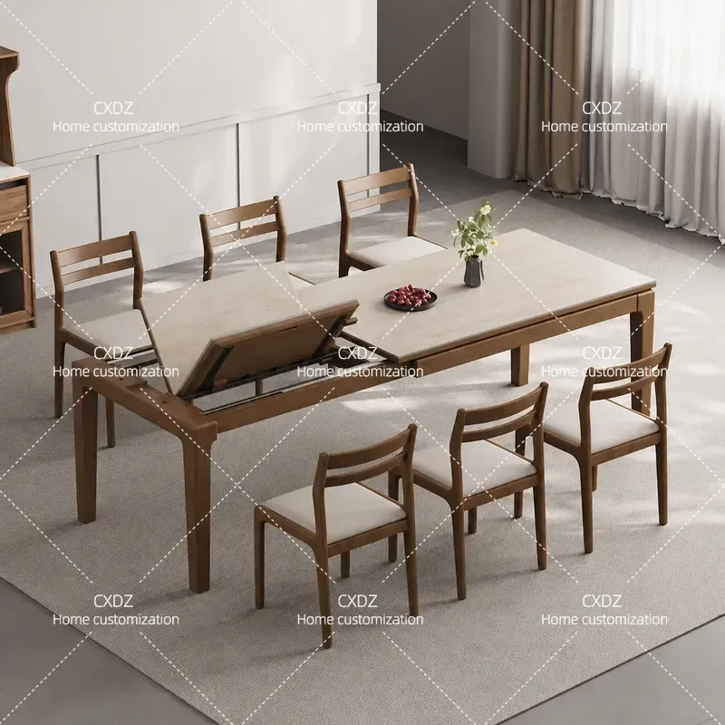 Travertine Slab Retractable Dining Table Multi Functional Invisible Foldable Rectangular Table for Small Apartment Modern