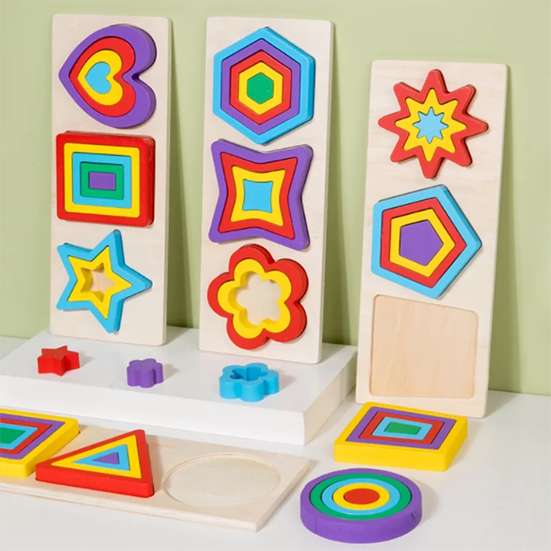 Children's Rainbow Geometric Shape Cognitive Matching Wooden Stereoscopic Baby Early Education Puzzle Toy