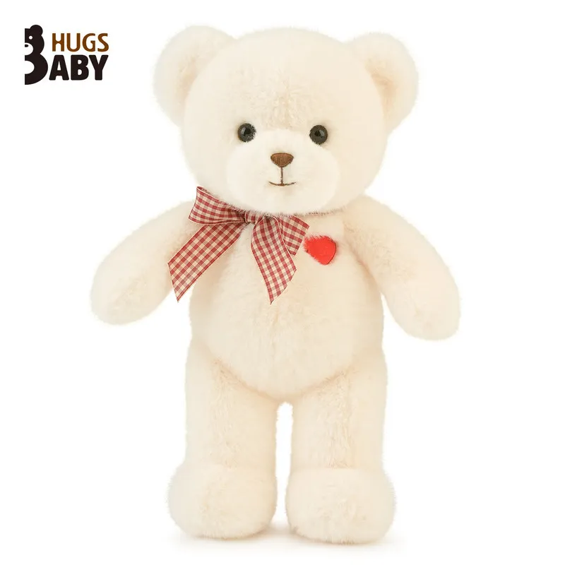 

Hugs Baby Cream Teddy Bear Plush Toy with Red Heart Checkered Bow Soft Cuddling Pillow for Girls Sleeping Gift