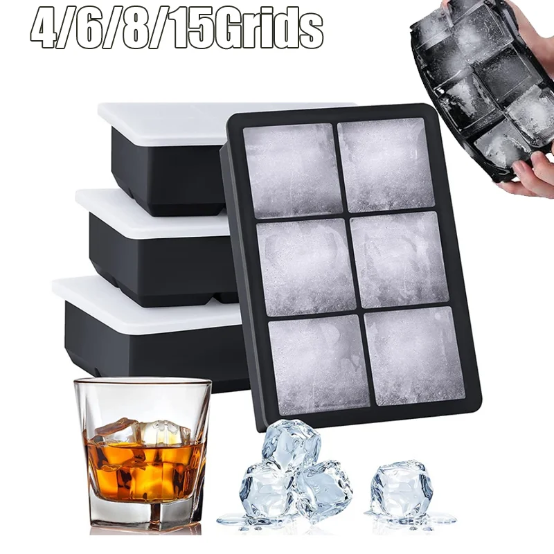 4/6/8/15 Grids Silica Gel Ice Cube Mold Large Square Ice Cube Ice Cube Mold DIY Ice Maker Cube Tray Ice Cube Tray