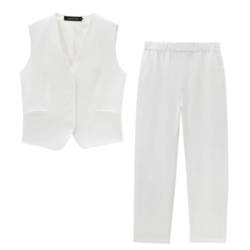 Damen Set 2024 neue Mode Sommer Leinen Set für Frauen Frühling Damen Weste weibliche Straight-Leg Hose Damen Anzug