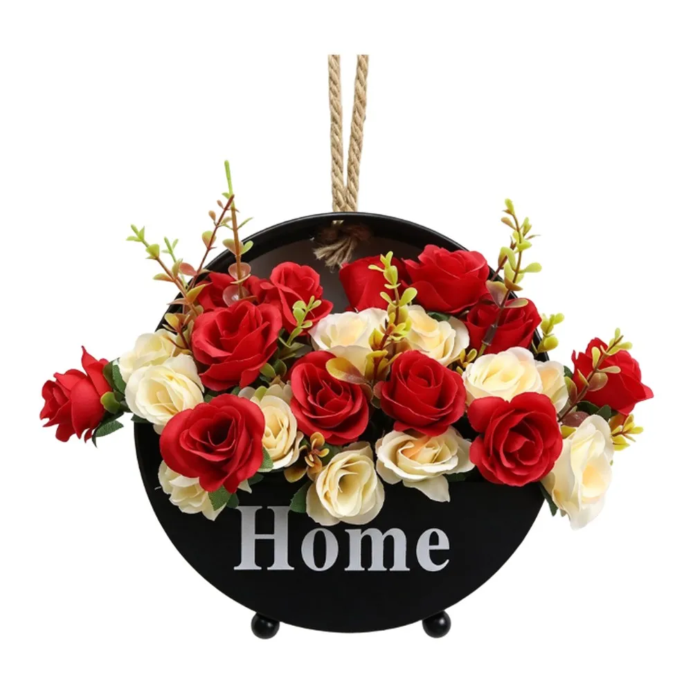 Wall Mounted Iron Flower Basket with Artificial Silk Blooms for Decorative Use in Living Room Bedroom or Dining Area