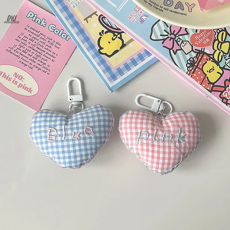 1pc Cute Cotton Filled 3D Grid Heart Keychain Car Bag Pendant Backpack Pendant Trinket Gift For Girl Keyring Accessories