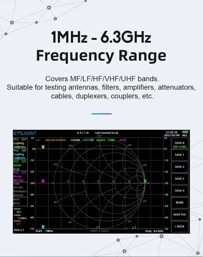 

with 7'' Screen，SV6301A VNA 1MHz - 6.3GHz Handheld Portable Vector Network Analyzer
