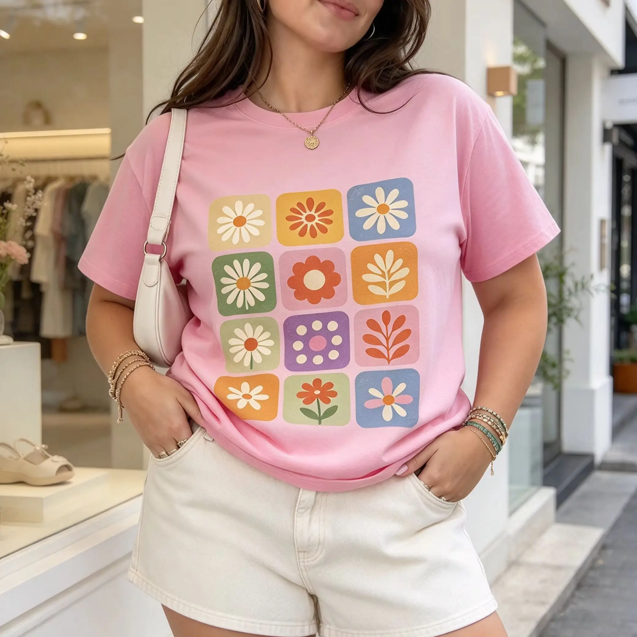 Women Mellow Meadow Retro Grid Pastel Floral Graphic T Shirt Boho Daisy Flower Casual Short Sleeve Tee