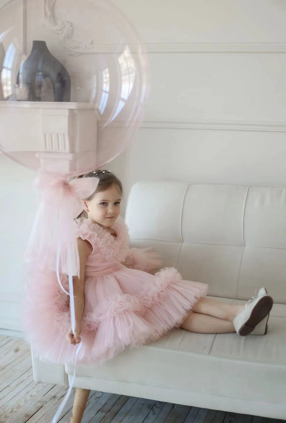 Cute Flower Girl Dress For Wedding  Light Pink Tulle Sleeveless Knee Length Bow Child First Eucharistic Birthday Party Dresses