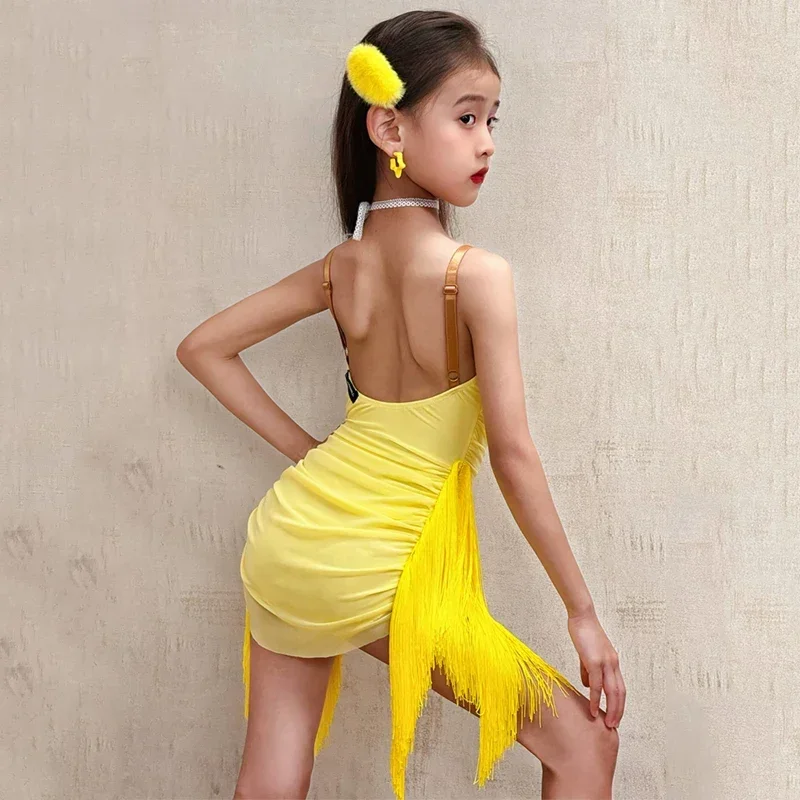 어린이 라틴 댄스 홀터 드레스 소녀 의상 차차 삼바 룸바 대회용 태슬 스커트 키즈 무대 공연 댄스웨어