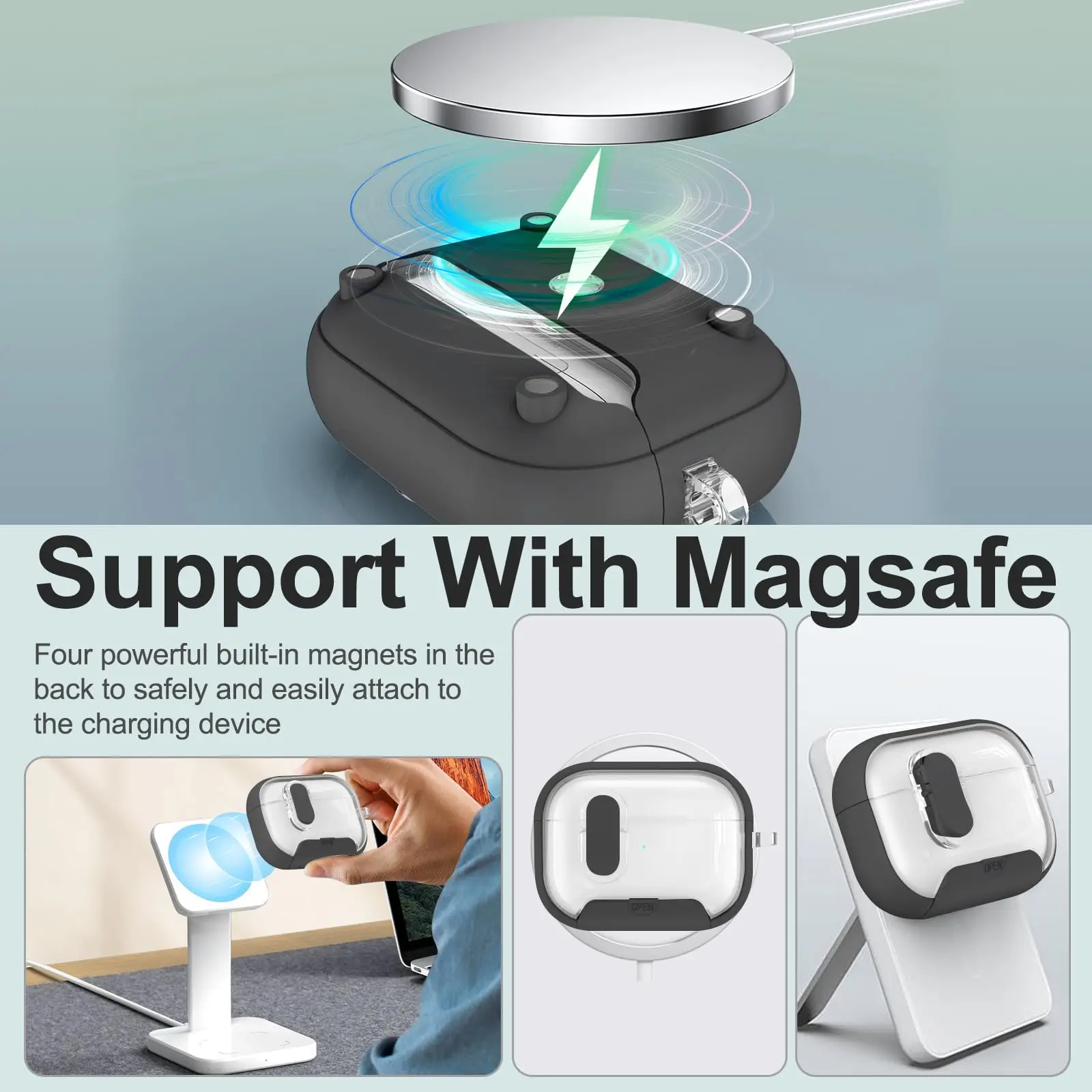 Secure Lock Cover for Airpods Pro 3/Pro 2/4 Case with Phone Stand and Magsafe Function Auto Pop-up Lid Design for Airpods Pro3/4