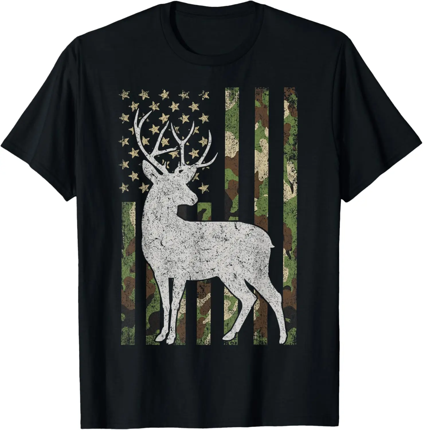 Whitetail Buck Deer Hunting American Camouflage USA Flag T-Shirt