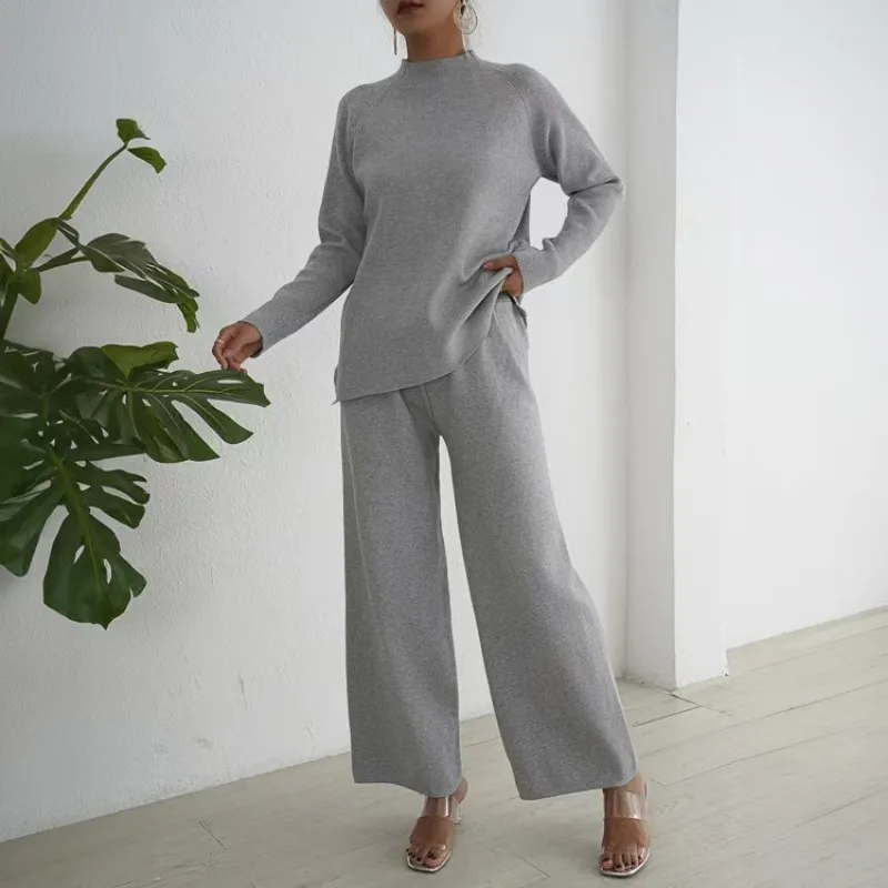 Ensemble 2 Pièces Haut de Gamme pour Femme, Pull à Manches sulfet Pantalon à Jambes Larges, Tenue Décontractée, Couleur Unie, Nouvelle Collection