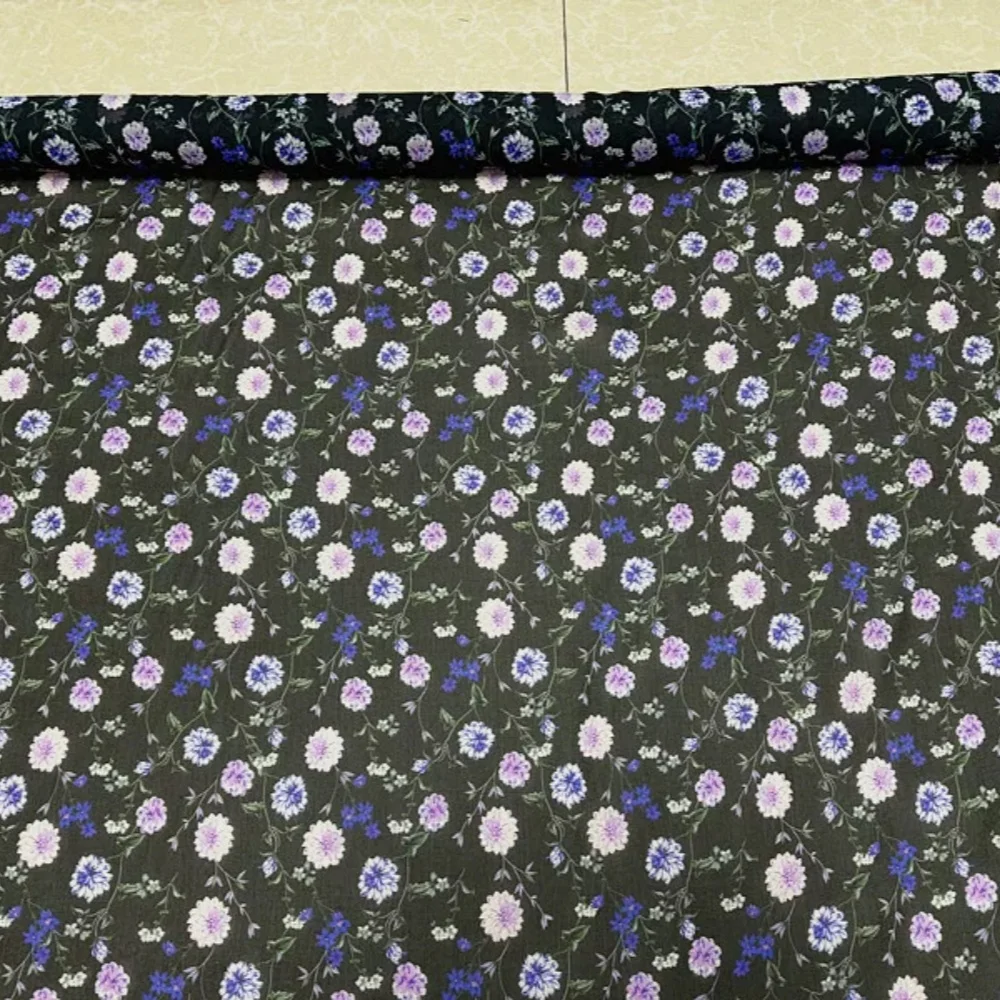 Nice Black Base Purple Flower Design Digital Printing Soft Breathable Clear Grain Silk Georgette Fabric for Women Holiday Dress