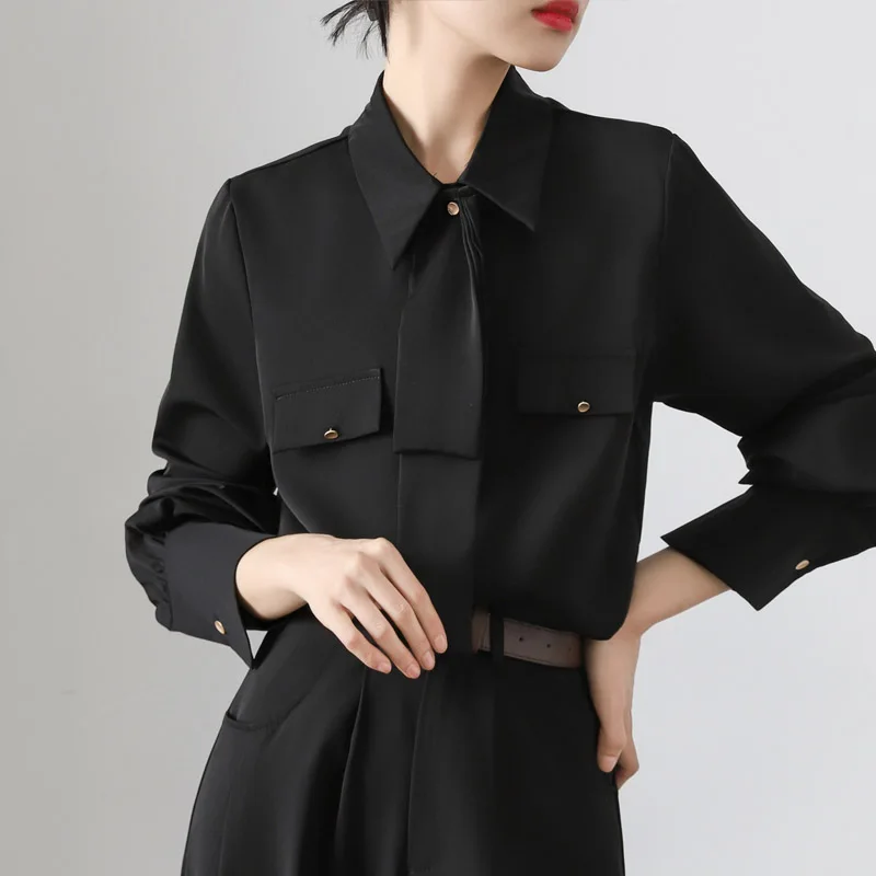 

2025 Spring Women's Tie Shirt Solid Turn-down Collar Blouse Temperament Ladies Tops Elegant Single-Breasted Long Sleeve Blouses