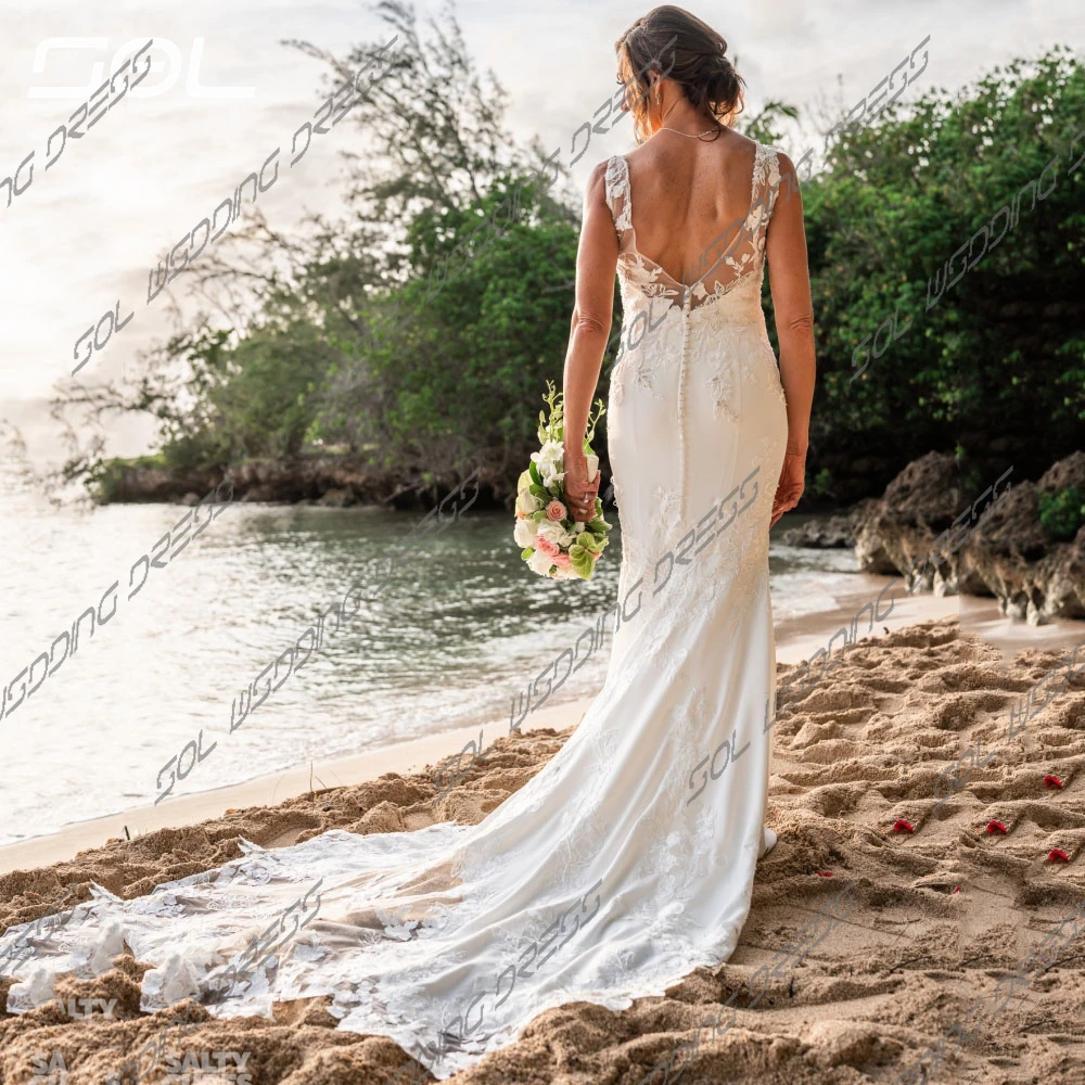 Vestido de casamento com laço em V profundo, elegante alças de espaguete, sereia de backup, vestido de noiva, lindo robe