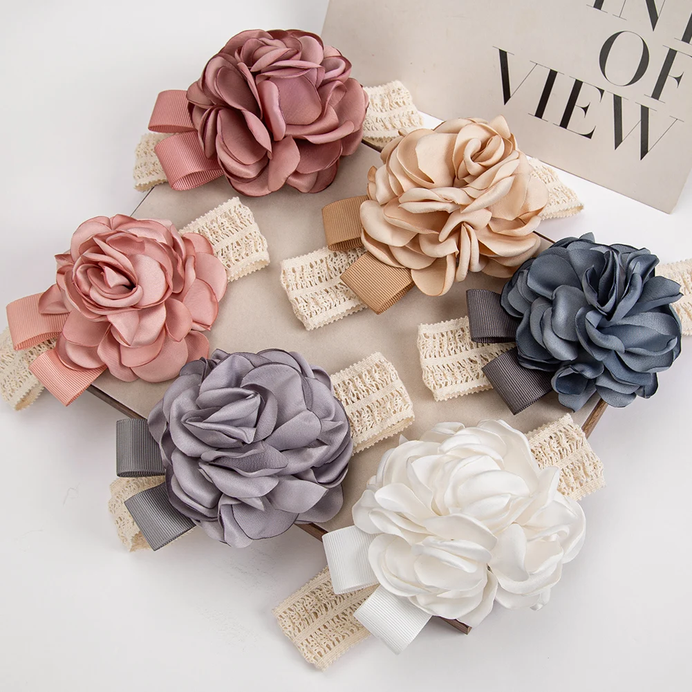 Cotton Lace Flower Baby Headbands Satin Rosettes Floral Korean Elastic Hair Bands Princess Newborn Girls Headwraps Kids Headwear