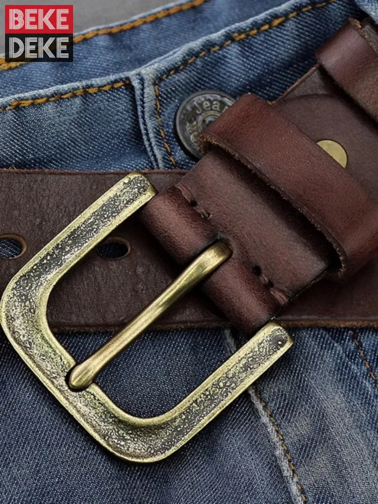 

Vintage Brass Pin Buckle Cowhide Genuine Leather Belt Mens Strap For Jeans Casual Waistband Handmade Width 3.8cm