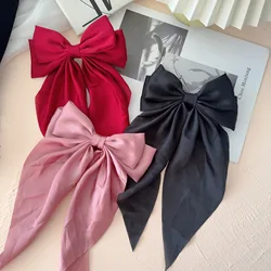 Women Solid Color Long Big Bow Long Float Satin Spring Clip Back Head Hair Clip Internet Red with The Same Temperament Elegant