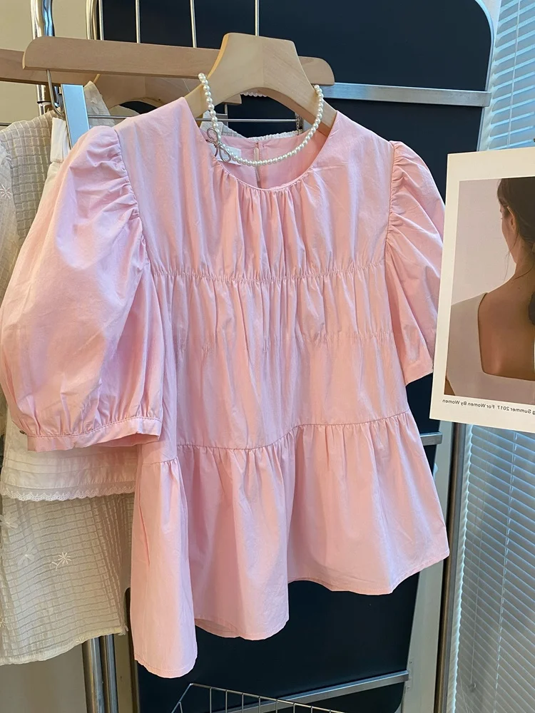 Sweet Pink Ruffle Sve irt Women's Loose Tummy Covering ort Doll Top round Ne Commute Sle Korean Version Bubble Sve