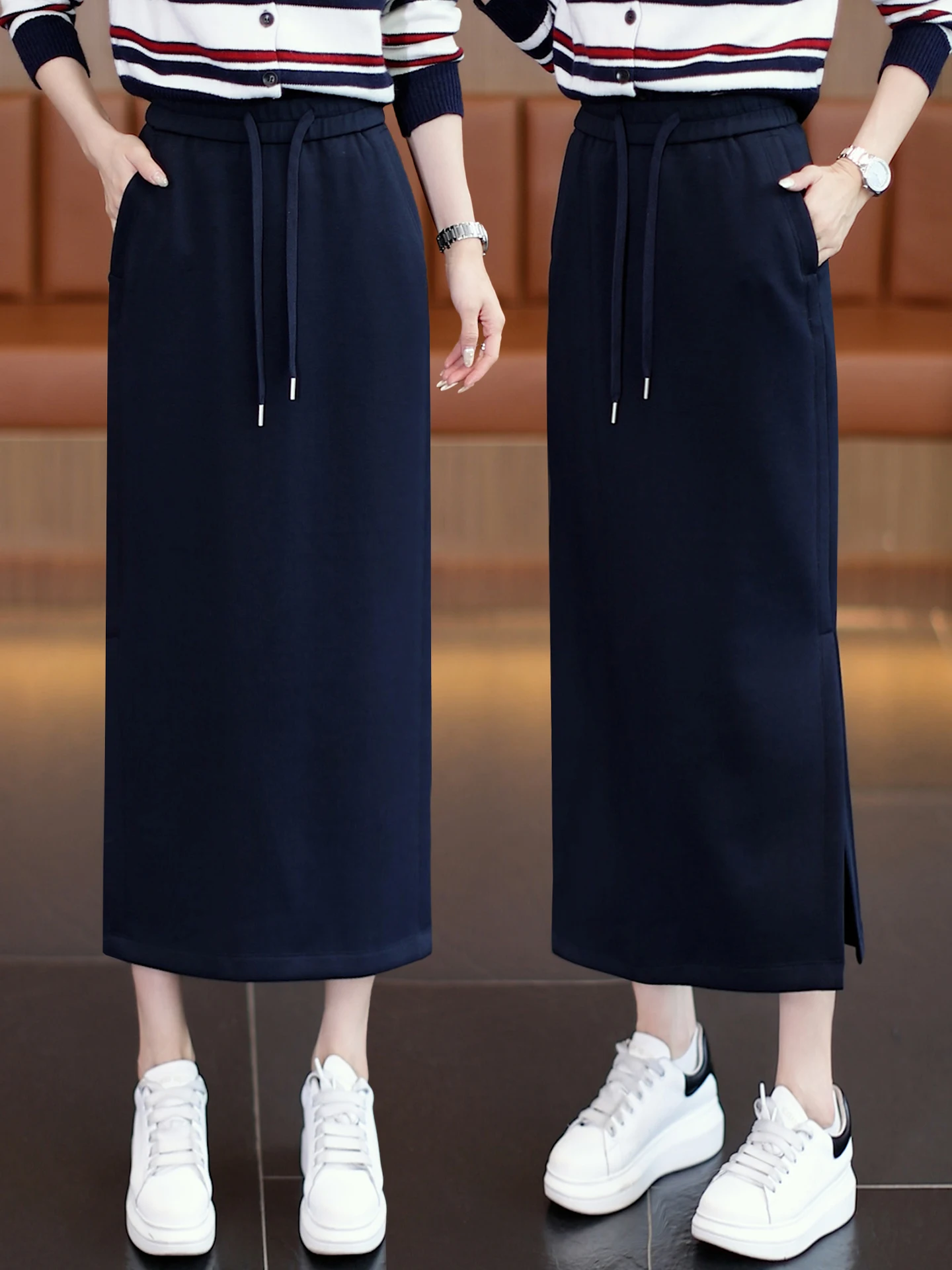

Dark Blue Straight Cut Skirt Women's Spring Autumn High Waist Casual Sweatshirt Skirt Commute Style A-Line Skirt