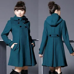 Ladies Green Woolen Jacket Mid-length Long Wool Hooded Double-breasted Cloak Windbreaker for Women Pleated Blend Coat S-XXXL