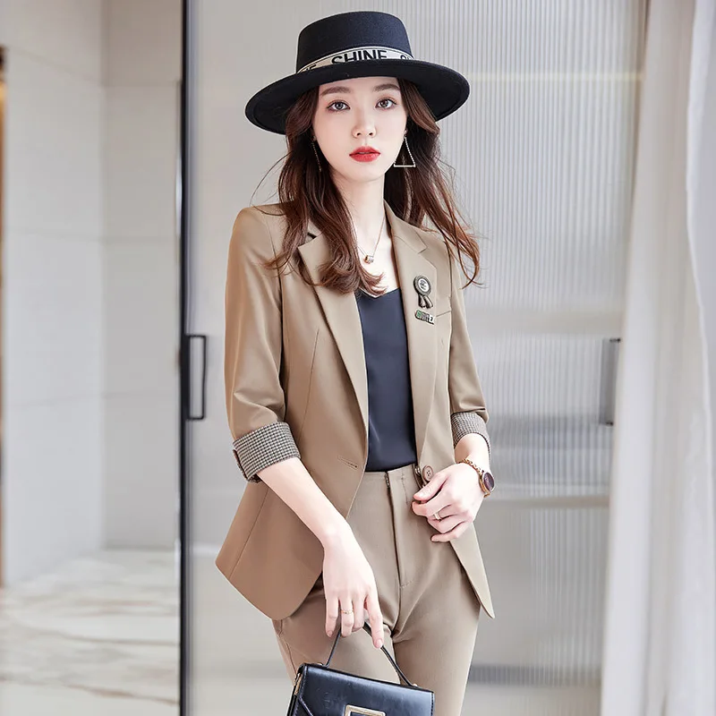 

Khaki Small Suit Jacket Women's Autumn and Winter White-Collar Workwear Casual Temperament Ladies Fashion Tailored Suit Business