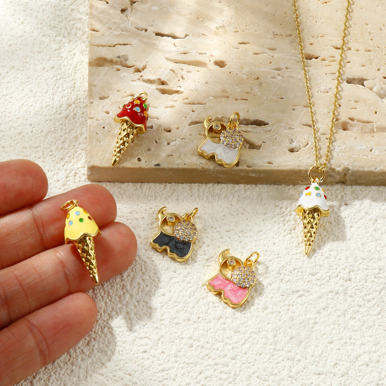 2pcs Brass Charms 18K Gold Plated Ice Cream Elephant Multicolor Enamel Rhinestone Pendants DIY Necklace Earring Jewelry Findings
