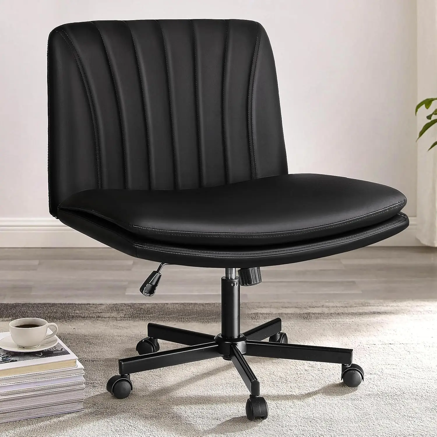 

Wheeled, PU leather armless cross legged office desk and chair, modern rotating height adjustable wide seat vanity chair (black)