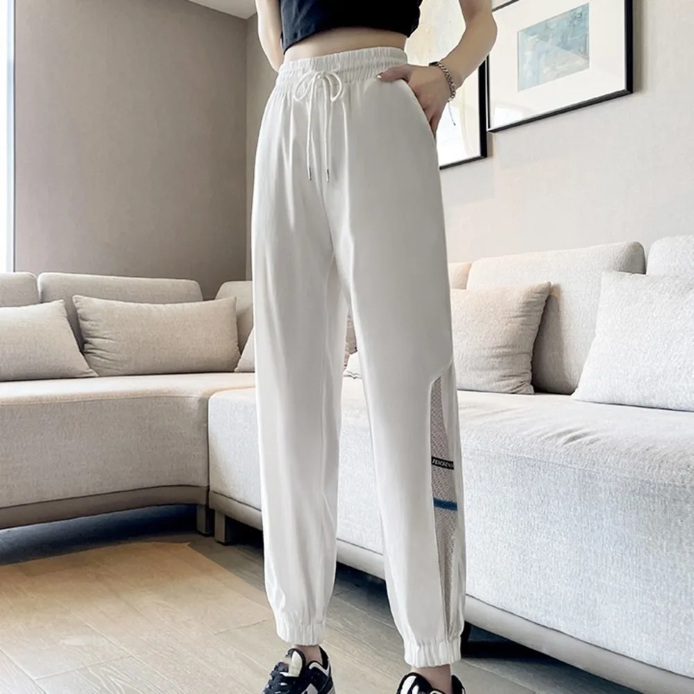 

Chic Straight Casual Drawstring Pants Mesh Streetwear High Waist Trousers Mesh Hollow Quick Dry Wide Leg Loose Pants Girls