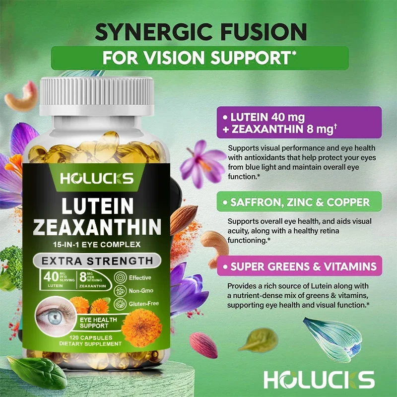 Holucks Eye Vitamins with Lutein and Zeaxanthin Extract Supports Tired, Dry Eyes, Macular and Vision Health, 60/120 Capsules