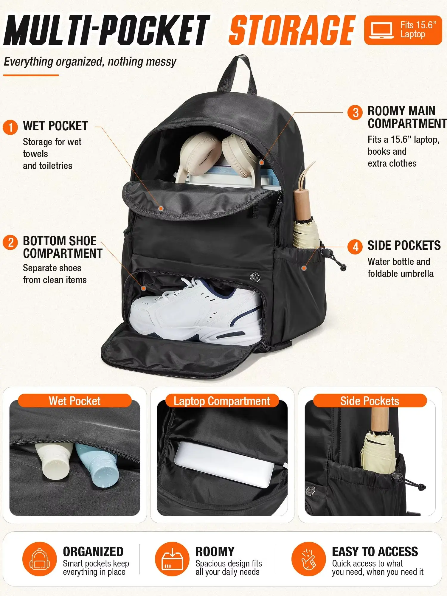 Men's Casual Backpack School Backpack Teen Sports Backpack with Shoe Compartment, Laptop Backpack Weekend Hiking Backpack