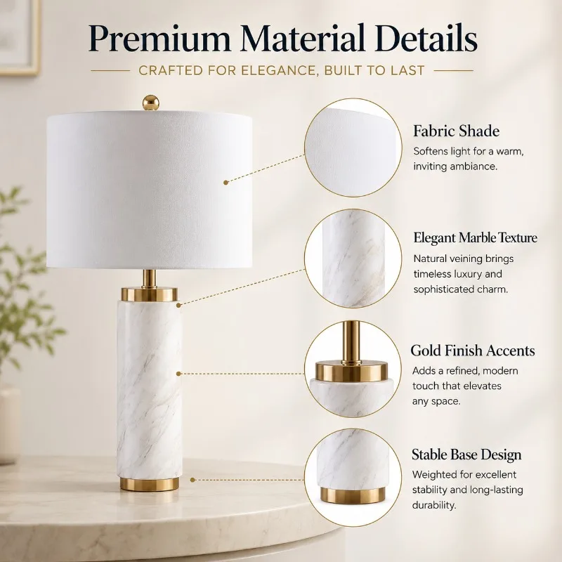 Modern Marble Bedside Light Luxury Gold Fabric Shade 3 Color LED Desk Lamp for Bedroom Living Room Office Hotel Home Table Lamp - view 5