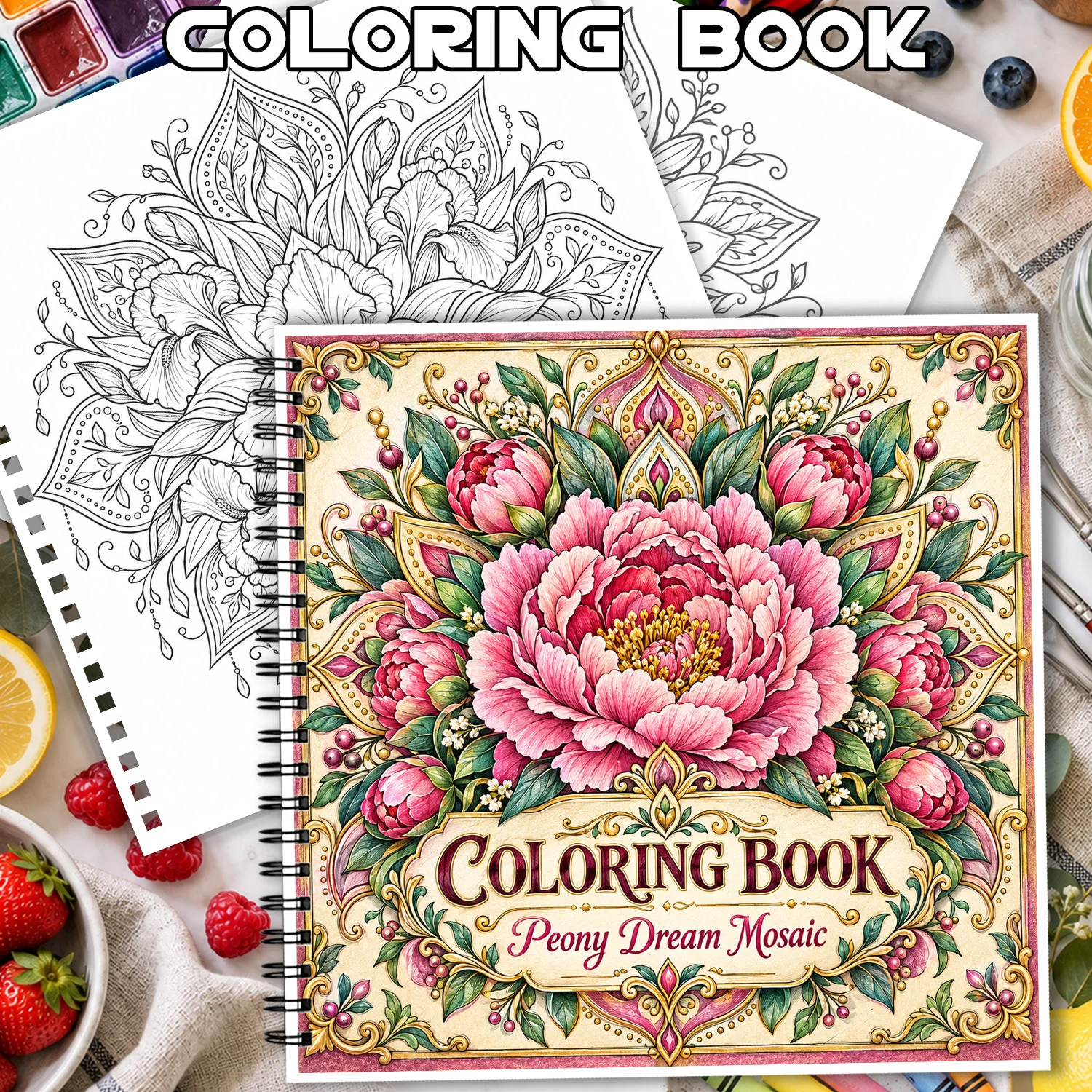 Spiral Binding Coloring Book Peony Dream Mosaic Design For Adults Teens Showcasing Creativity Relieving Stress 24 Sheets