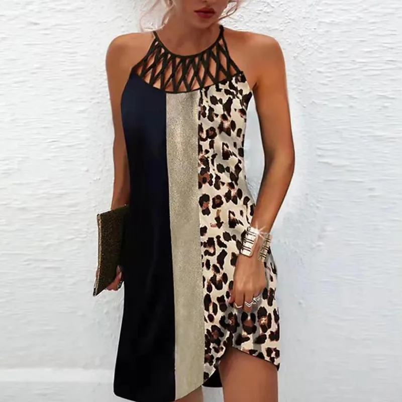 Fashionable women\'s ethnic style dress 2024 new multi-color abstract print hollowed out casual mini sleeveless dress for women