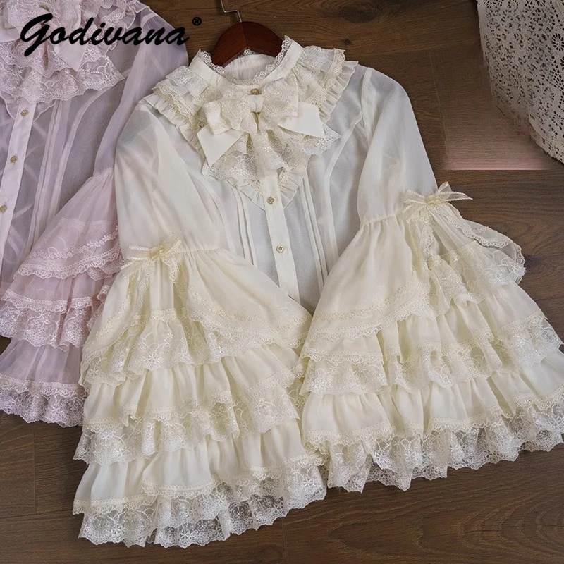 

Original New Spring Lolita Inner Shirt Girl Women's Cos Stand Collar Sweet Bow Ji Sleeve Lace Long Sleeve Blouse Shirt Blusas
