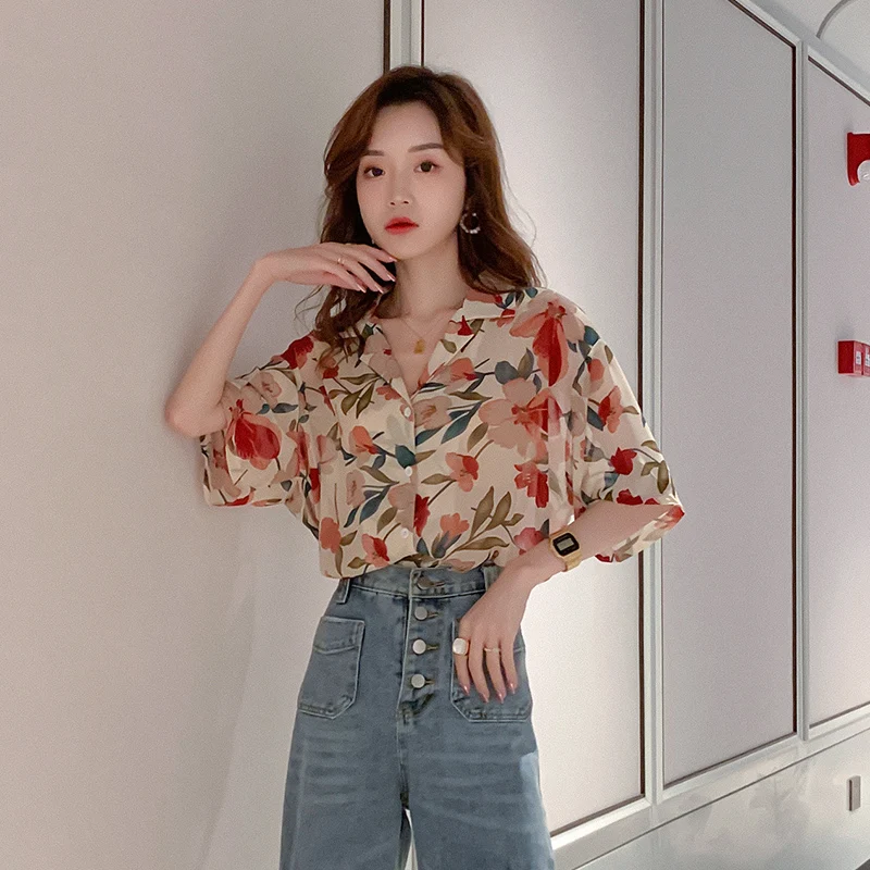 PLAZSON Spring Fall Casual Chiffon Shirt Floral Print Lapel Button-up Vintage Blouse Elegant Transparent Tops Thin Blusas