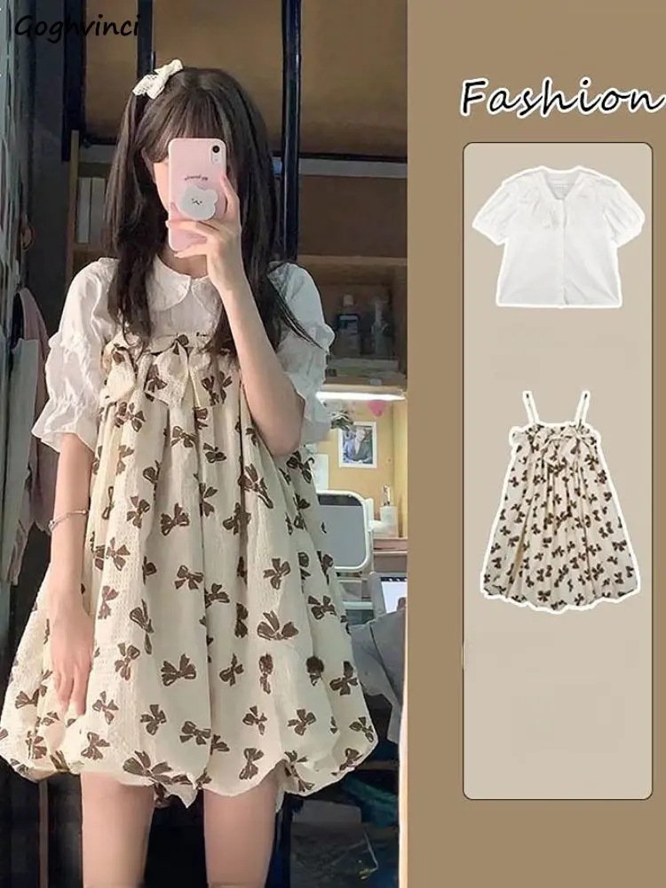 

Sets Women Puff Sleeve Sweet Loose Preppy Style Ruffles Tops Spaghetti Strap Dress Tender Mini Chic Print Japanese Summer Ins