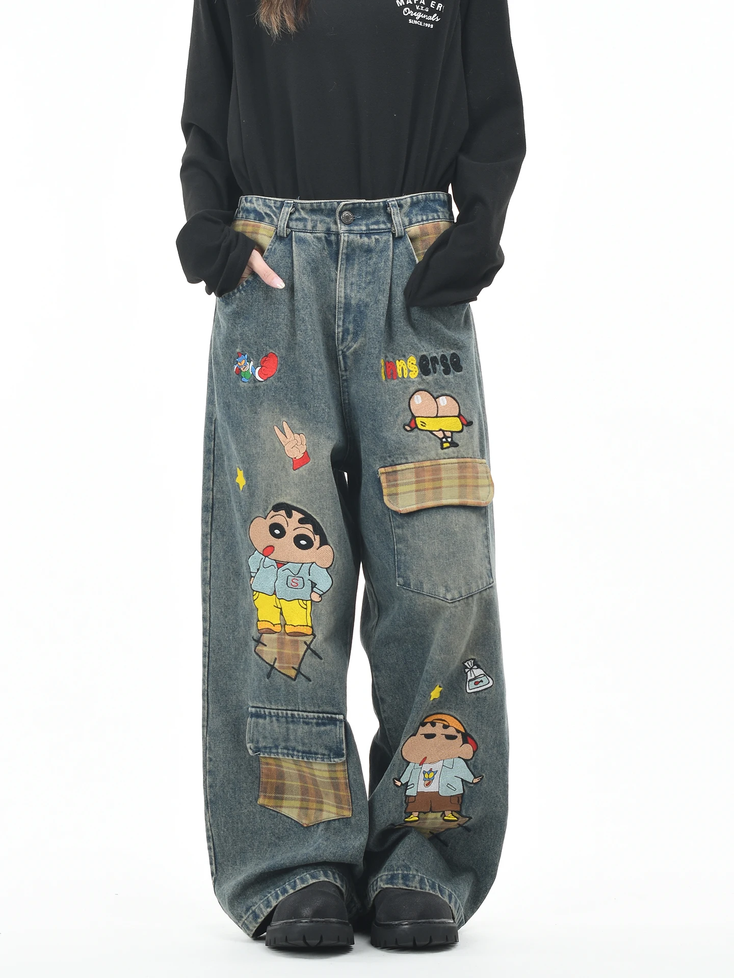 

Джинсы женские OV Original American Cartoon Embroidered Waed Denim, винтажные, свободные, прямого кроя, для пар, модные, длинные брюки