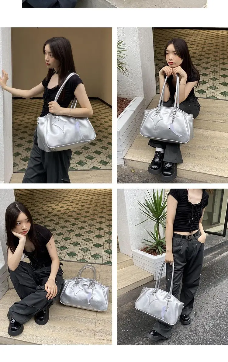 JIAERDI High Street Silver Tote Bag Purse Women Vintage Leather Casual Designer Luxury Bag Female Harajuku Aesthetic Y2k Bags