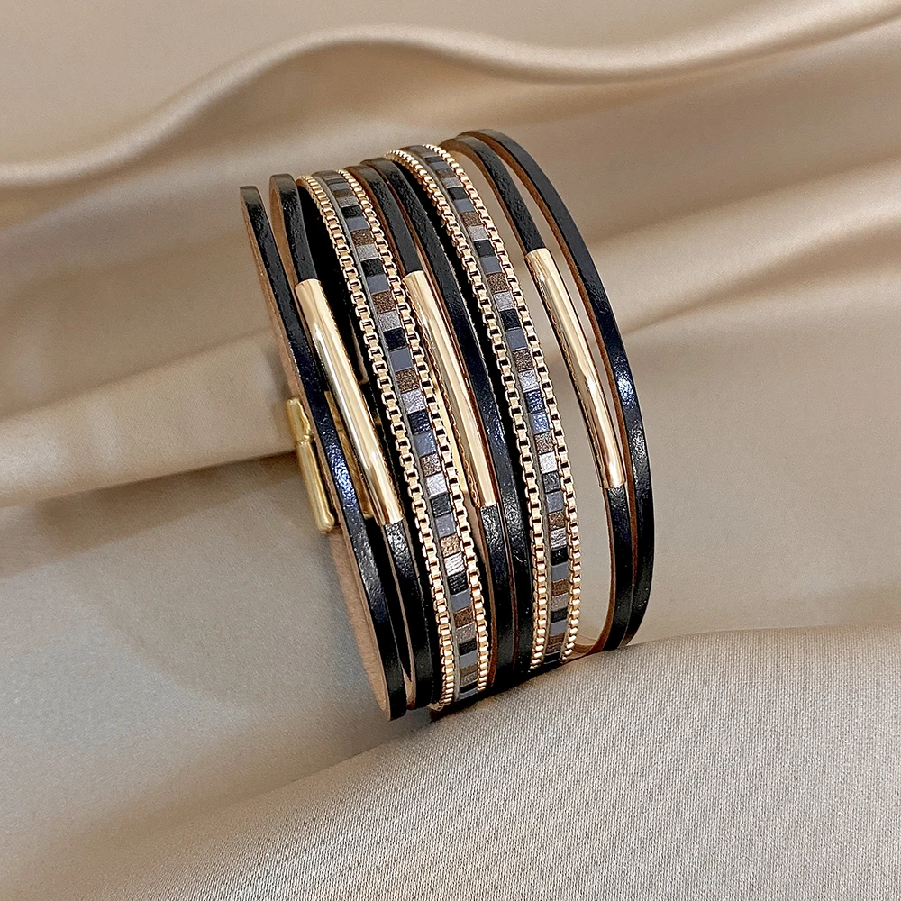 Amorcome 4 Style Elegant Multi-layer Leather Bracelet for Women Men Luxury Retro Magnetic Buckle Wrap Wide Bracelet Jewelry Gift