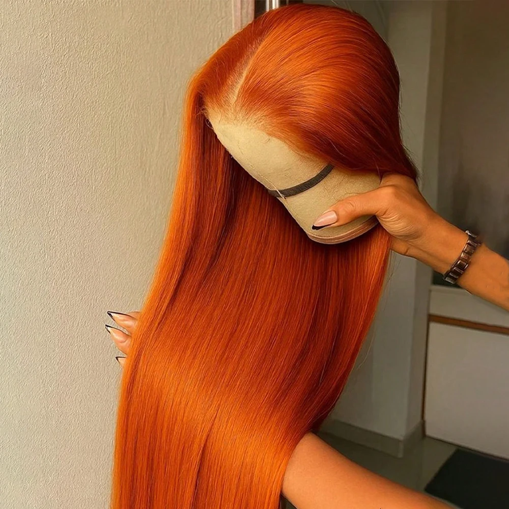 

Парик из натуральных бразильских волос 350 Ginger Orange, прямой, с HD-кружевной передней частью, предварительно проработанный, для женщин, плотность 200%