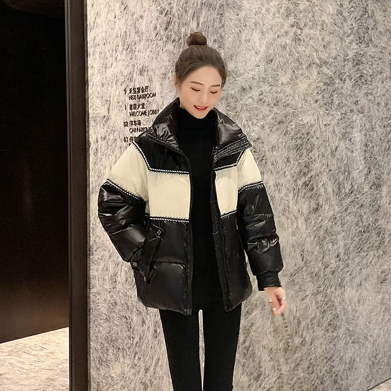 Winter New Turn-down Collar Long Sleeve Parkas Women High Street Loose Contrast Color Zipper Patchwork Cardigan Warm Thicken Top