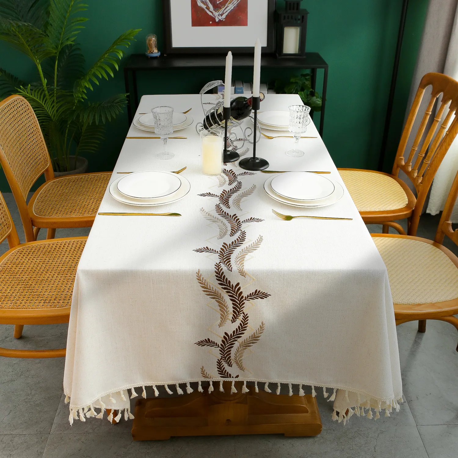 

Cotton linen embroidered tassel tablecloth Rectangular tablecloth table cover Family party wedding catering decoration