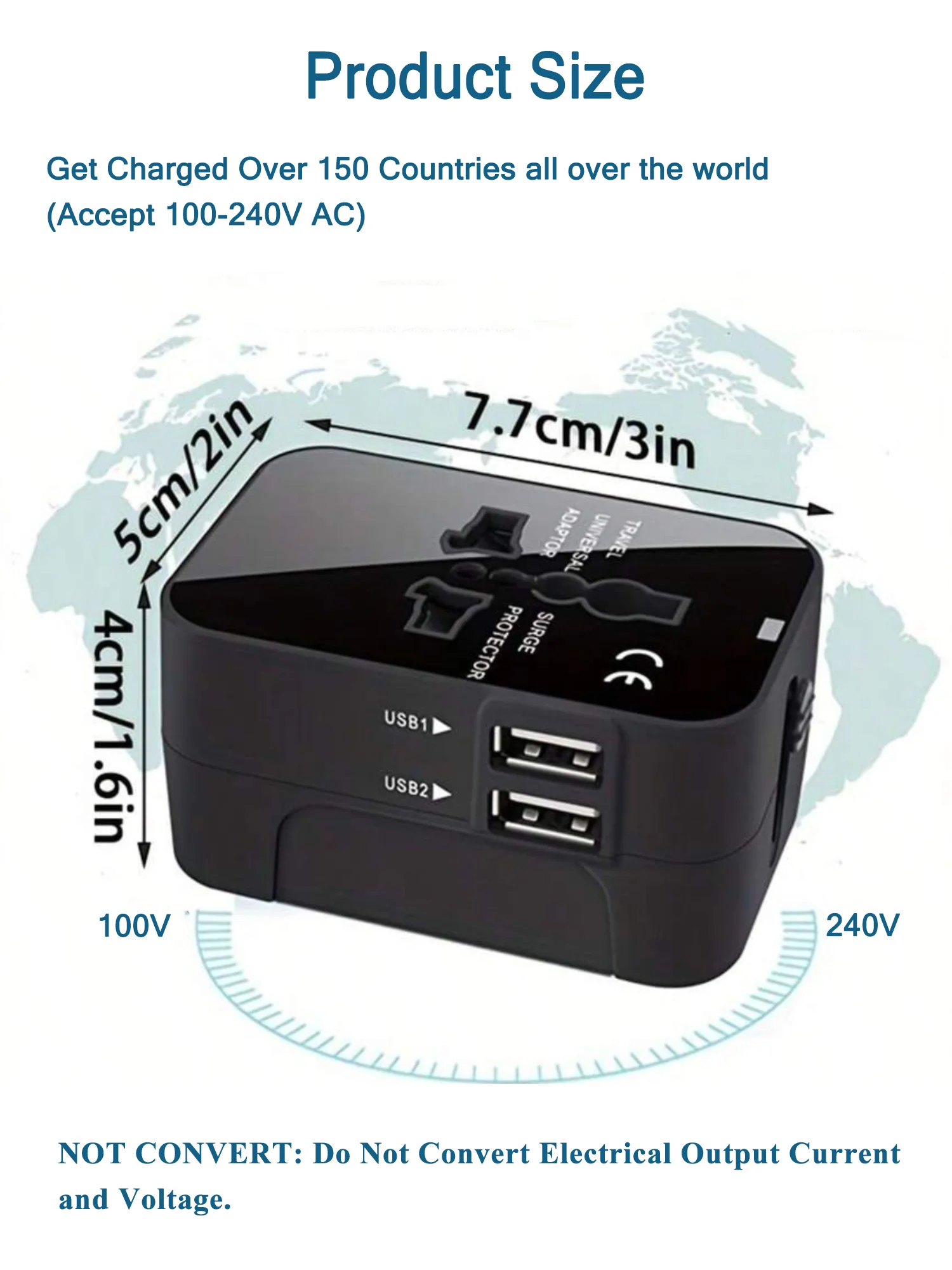 قطعة واحدة من مقبس السفر العالمي، منافذ USB مزدوجة، مقابس أوروبية/أمريكية/بريطانية/أسترالية، مناسبة لأكثر من 150 دولة/منطقة