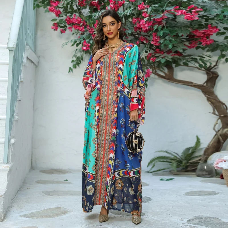 الشرق الأوسط المرأة المطبوعة حجر الراين الدكتور حجم كبير العلوي رداء طويل عبر الحدود جديد Sle الصيف Faion البوليستر