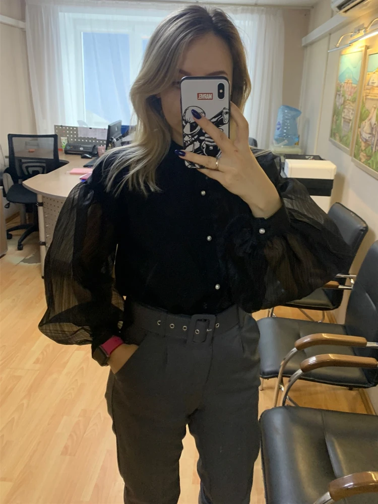 Colorfaith BL06620 New 2023 Patchwork Tulle Transparent Korean Fashion Spring Summer Blouses Chic Shirts Retro Elegant Lady Tops